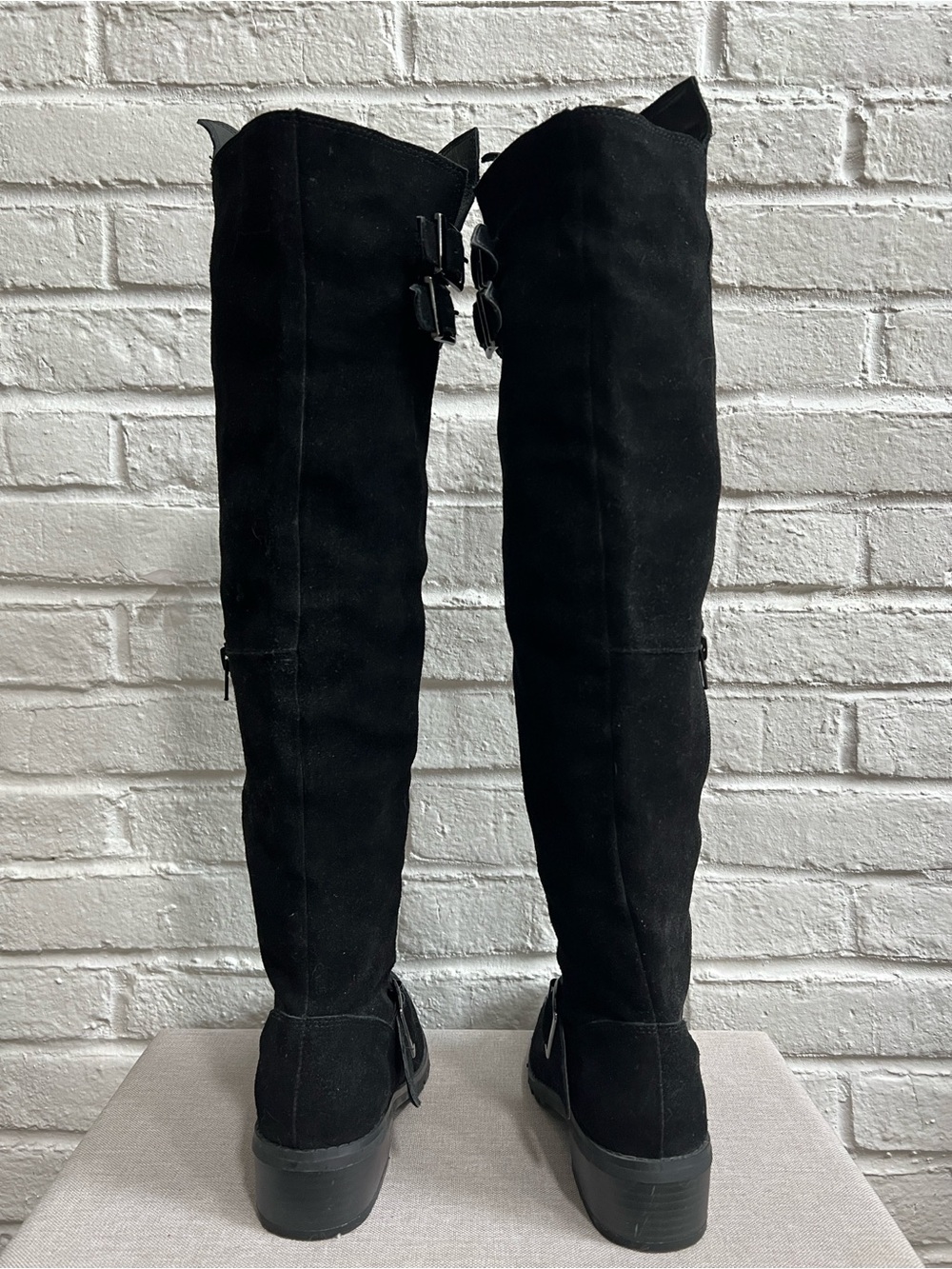 SOLE SOCIETY Black Suede Over the Knee Boots with Low heel Lug sole Buckles - Picture 4 of 16